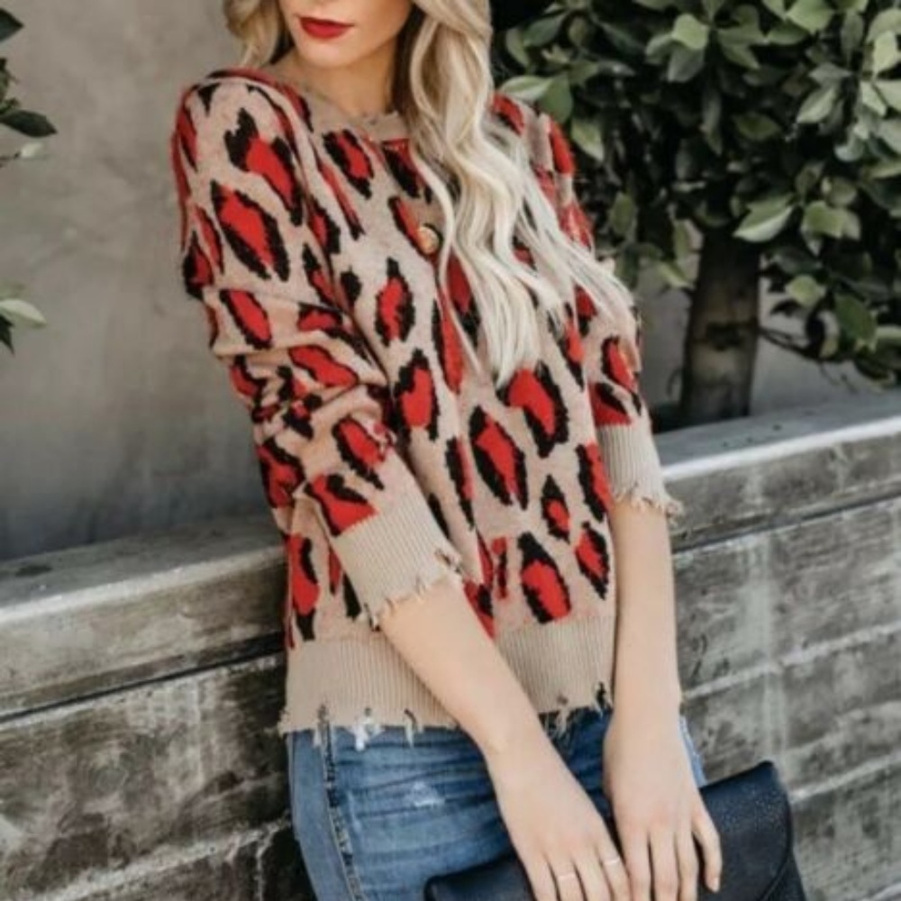 New Leopard Animal Print Boutique Crew Sweater Top - Picture 4 of 7